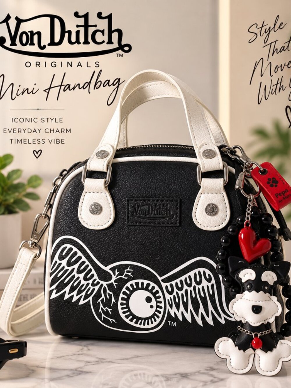 Von Dutch Black & White Mini Handbag Crossbody with Charms NWT